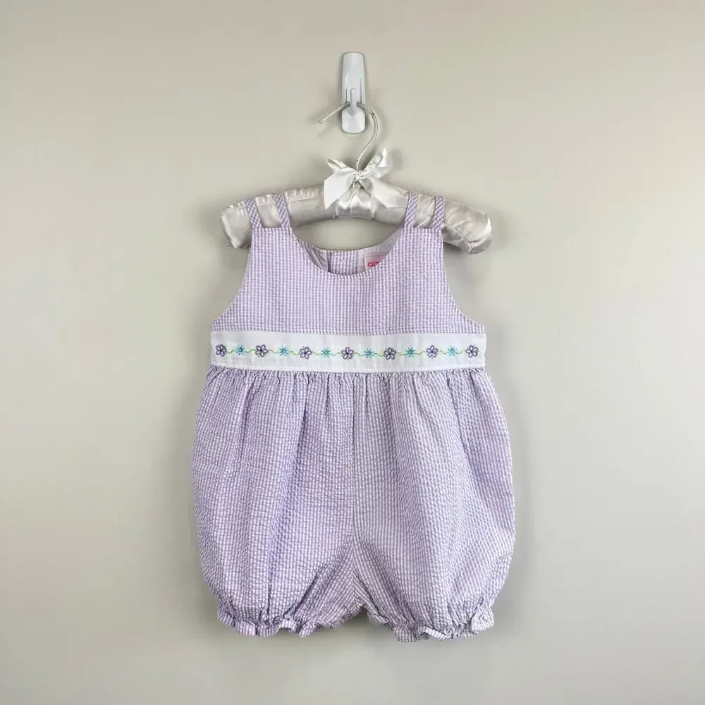 Vintage Y2K Carter's Purple Seersucker Stripe Flower Romper 18 Months